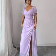 Elenzya Women's Light Purple V-Neck Ruffle Sleeve Pleated Waist Split Dress, Elegant Bridesmaid Dress, Party Gown, Spring/Summer - Azul - Ver 6