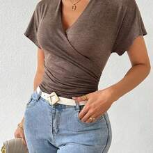 Women Summer Solid Color Pleated Slim Fit V-Neck Short Sleeve Casual T-Shirt - Negro - Ver 6