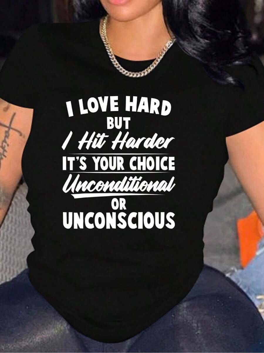 Women's Casual Crew Neck T-Shirt With The Phrase "I Love Hard But I Hit Harder", 100% Polyester Knit Fabric, Regular Length, Alphabet Pattern - Spring/Summer/Autumn Fashion Blouses For Women - 黑色 - 查看 1