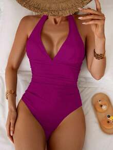 Traje de baño de una pieza con control de abdomen, estilo minimalista de unicolor, con escote halter y espalda descubierta, para vacaciones de verano en la playa - Rojo violeta - Ver 5