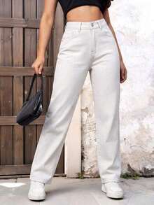 Jeans de pierna recta de talle alto - Blanco - Ver 4