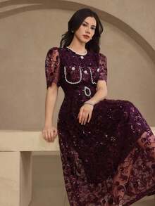 Vestido elegante de encaje de alta calidad con cintura ajustable, bordado, de estilo coreano suave y elegante - Morado - Ver 7