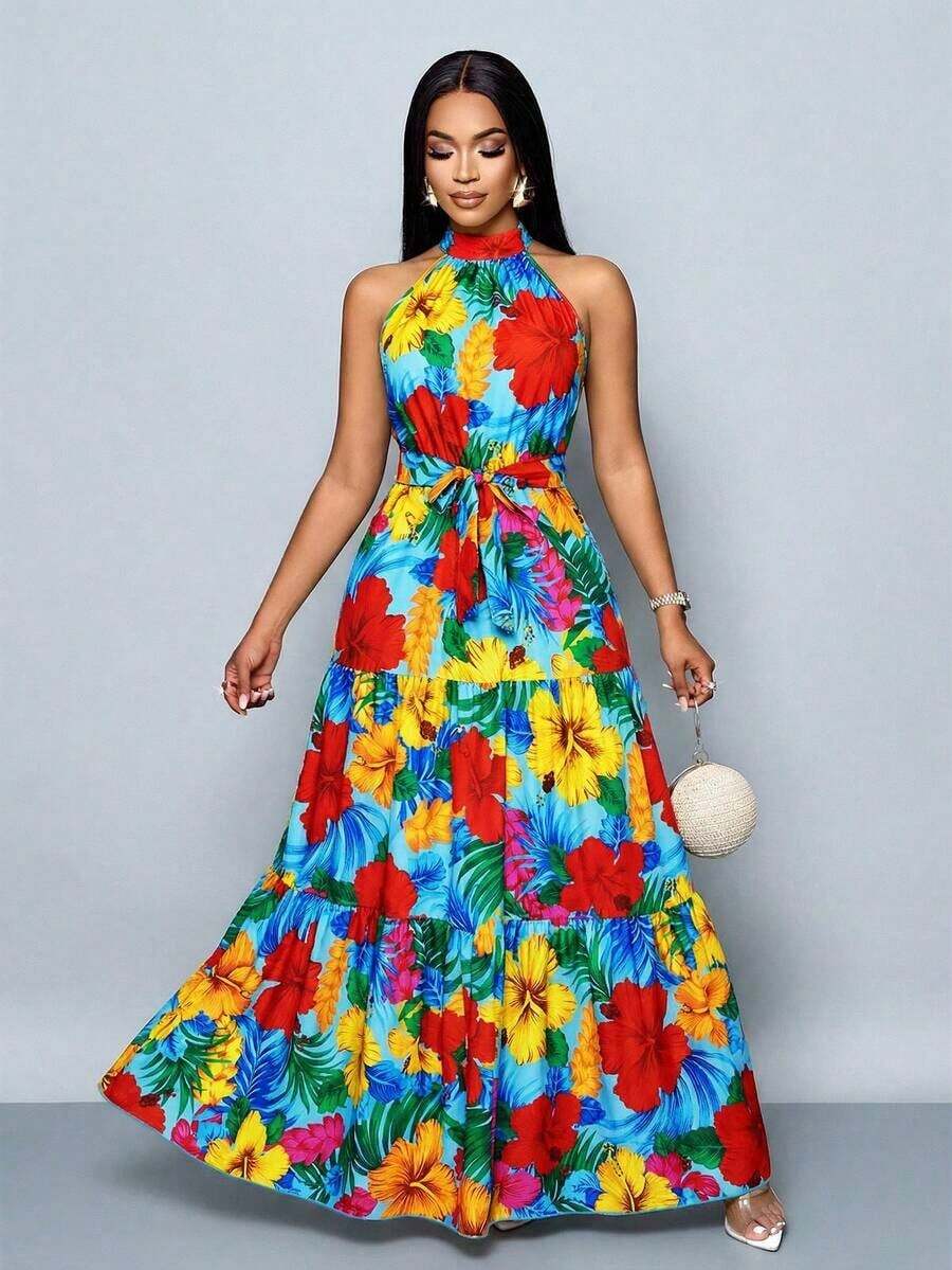 Vestido largo de mujer con estampado floral en todo el vestido, estilo halter con cinturón, fluido para vacaciones - Azul 2 - Ver 1
