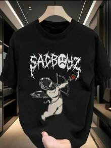 Camiseta casual y versátil de mujer con cuello redondo y mangas cortas, con estampado de sad boys - Negro - Ver 1