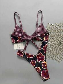 Conjunto de bikini reversible de 2 piezas con estampado a cuadros y floral con nudo en la espalda para mujer, ideal para playa, vacaciones y verano en color negro - Negro - Ver 2