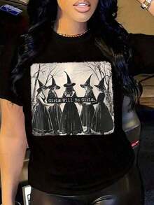 Camiseta Vintage de Talla Grande para Mujer - Esta camiseta de algodón presenta un diseño de bruja de Halloween, mangas cortas, cuello redondo, cómoda para todas las estaciones, lavable a máquina, camiseta de verano, camiseta con estampado vintage, tela de alta calidad, camiseta estampada, camisa de hombre, ropa de calle, camisa blanca, camisa negra, holgada y cómoda. - Negro - Ver 1