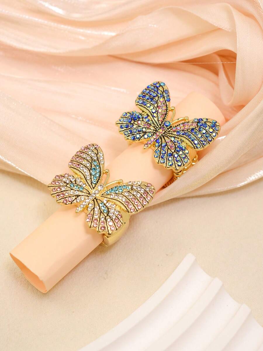 1pc Women's Elastic Ring, Alloy Inlaid Colorful Crystal Butterfly Design Adjustable Ring, Suitable For Daily Wear And Gift - Golden Blue Diamond - View 1