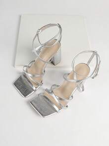 Giày sandal cao gót đế dày mũi vuông màu bạc dành cho nữ, kiểu dáng tối giản, thoải mái, đa năng, thích hợp cho các bữa tiệc. - Bạc - Xem 2