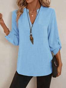 Blusa con escote entallado y mangas 3/4 con estampado, camisa de trabajo para primavera - Celeste - Ver 3