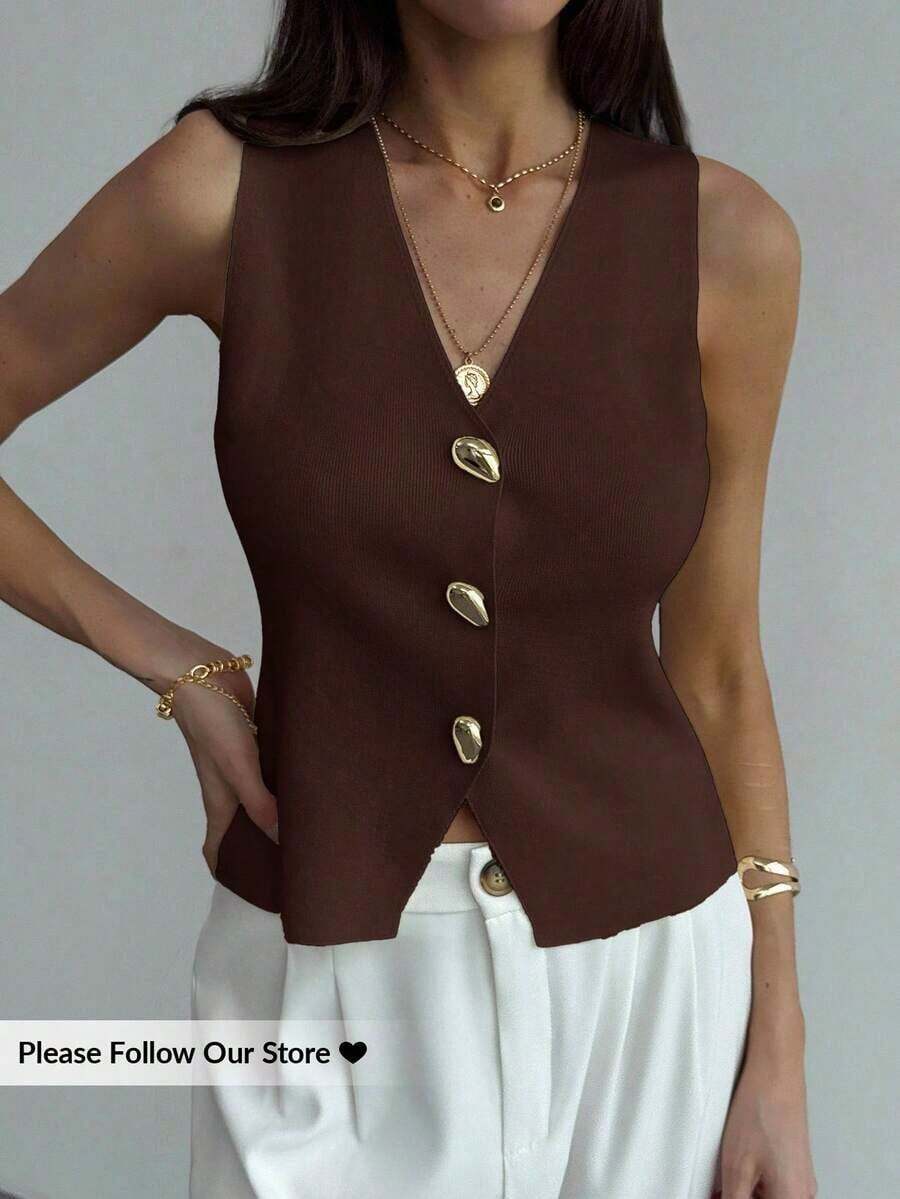 Blusa sin mangas de punto de un solo pecho con tirantes anchos, casual de verano, para otoño/invierno, verano, vacaciones, simple para ir al trabajo, con hebilla metálica única para oficina - Café integral - Ver 1