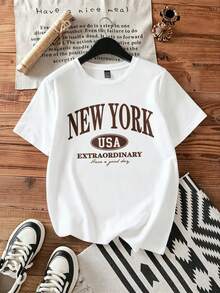 Camiseta de Mujer de Manga Corta con Cuello Redondo y Estampado de Letras Casual, Estilo Nueva York, Ajustada, Mezcla de Algodón, Ideal para el Verano, Colección Regreso a Clases - Blanco - Ver 2