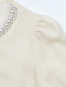 Blusa casual elegante de mujer con cuello redondo en color champán, cuello en V, manga corta abullonada, con adornos de perlas falsas, corte holgado, adecuada para ir a trabajar, elegancia cotidiana.Elegante, casual, atuendo casual para mujer, ro - Albaricoque - Ver 5