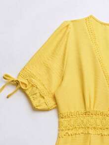 Vestido de verano de unicolor con ribete de encaje para mujer - Amarillo claro - Ver 4