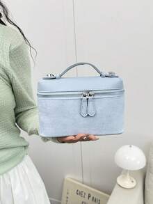 Dedoo 1pc Solid Color Litchi Grain PU Square Crossbody Wallet, Daily Fashion Accessory, Suitable For Fashionable Butter Yellow Women Handbag - Blue - View 4