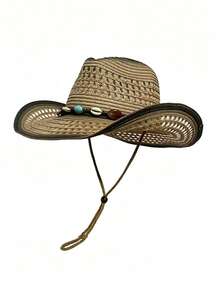 Un sombrero de vaquero unisex de paja de papel marrón con diseño calado que protege del sol, adecuado para actividades al aire libre y vacaciones en la playa - A - Ver 12