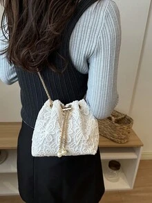Bolso de hombro tipo cubo mini con cadena y unicolor de encaje de moda - Blanco - Ver 5
