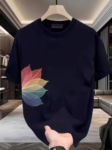 Camiseta de manga corta para hombre de puro algodón, nuevo estilo de verano 2026, corte holgado y resistente, cuello redondo, elegante top de estilo chino. ZH1E - 250 g de algodón puro - negro con hojas de arcoíris - Ver 1