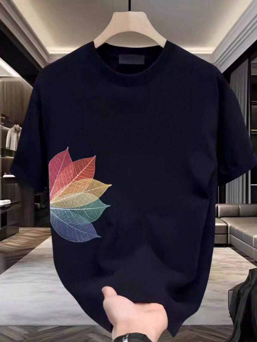 Camiseta de manga corta para hombre de puro algodón, nuevo estilo de verano 2026, corte holgado y resistente, cuello redondo, elegante top de estilo chino. ZH1E - 250 g de algodón puro - negro con hojas de arcoíris - Ver 1