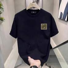 Camiseta minimalista de estilo americano, moderna y de algodón puro de primera calidad, con estampado personalizado elegante, camiseta de manga corta versátil de cuello redondo para hombre, ideal para el verano. WGJK - 200 g de algodón puro - negro - Ver 6