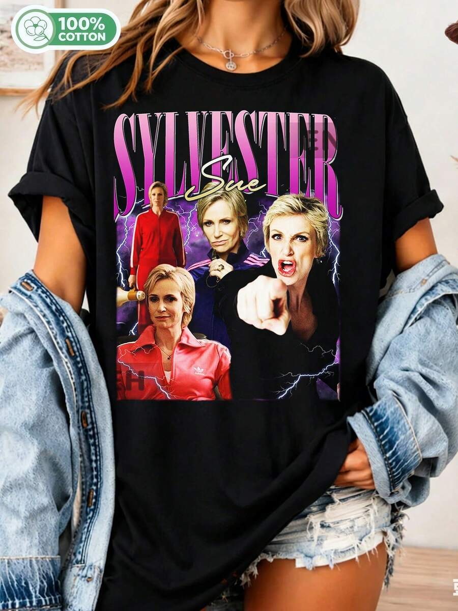 Retro 90s Graphic T-Shirt Featuring Sue Sylvester From Glee, Unisex Cotton T-Shirt With TV Series Character, Casual Top For Fans - Black - View 1