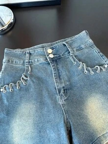 ALO FASHION Shorts vaqueros casuales y bonitos para mujer con decoración de malla metálica con diamantes, pierna recta, corte alto elástico, estilo fiesta. - azul real - Ver 5