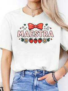 Women's Casual Short-Sleeved, Round-Neck Sports T-Shirt With Spanish Letter Print For Spring And Summer - [White] - View 6