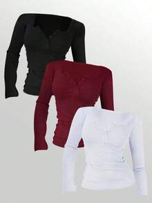Camiseta de manga larga de unicolor informal para mujer, versátil y sencilla, para otoño - Multicolor 7 - Ver 8