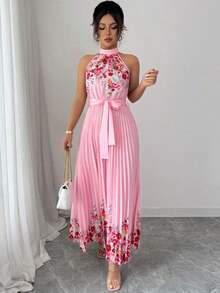 Vestido holgado de verano elegante con estampado floral y cuello halter para mujer - Rosa - Ver 5