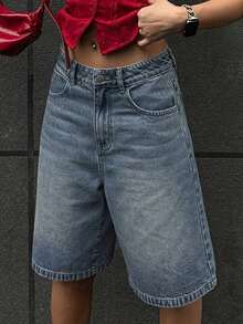 Shorts vaqueros holgados y casuales con bolsillos para mujer - Azul lavado oscuro - Ver 6