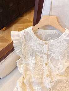 de moda con cuello redondo, abotonada, de manga corta y jacquard, para verano - Albaricoque - Ver 3