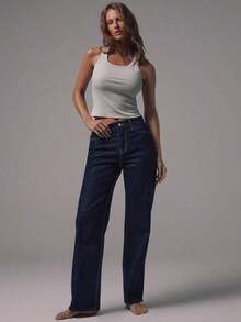 Jeans de tiro medio con pierna recta, lavado azul oscuro, tiro alto, de uso casual, para salir por la noche, volver al colegio, oficina, citas, básicos de denim, elegantes para primavera y verano - Azul marino - Ver 7