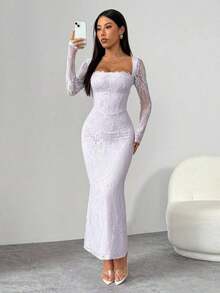 PETITE Vestido maxi negro ajustado de cuello cuadrado con copa de pecho, mangas largas de encaje con forma de S y escote sexy para fiesta de verano, cita y noche - Púrpura malva - Ver 6
