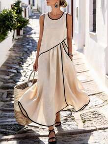 Holidaya Vestido casual de vacaciones con borde de color contrastante, bolsillo asimétrico, vestido largo casual, vestido de primavera/verano para mujer - Albaricoque - Ver 7