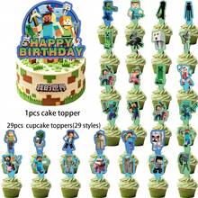 Minecraft 25件套我的世界主题蛋糕装饰品，适用于节日装饰、生日派对、单身派对和我的世界主题蛋糕。儿童生日蛋糕装饰插片，甜点桌卡片插片。 - 彩色 - 查看 9