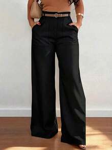 Pantalones casuales de cintura alta, pierna recta y sueltos para mujer, primavera - Negro - Ver 3