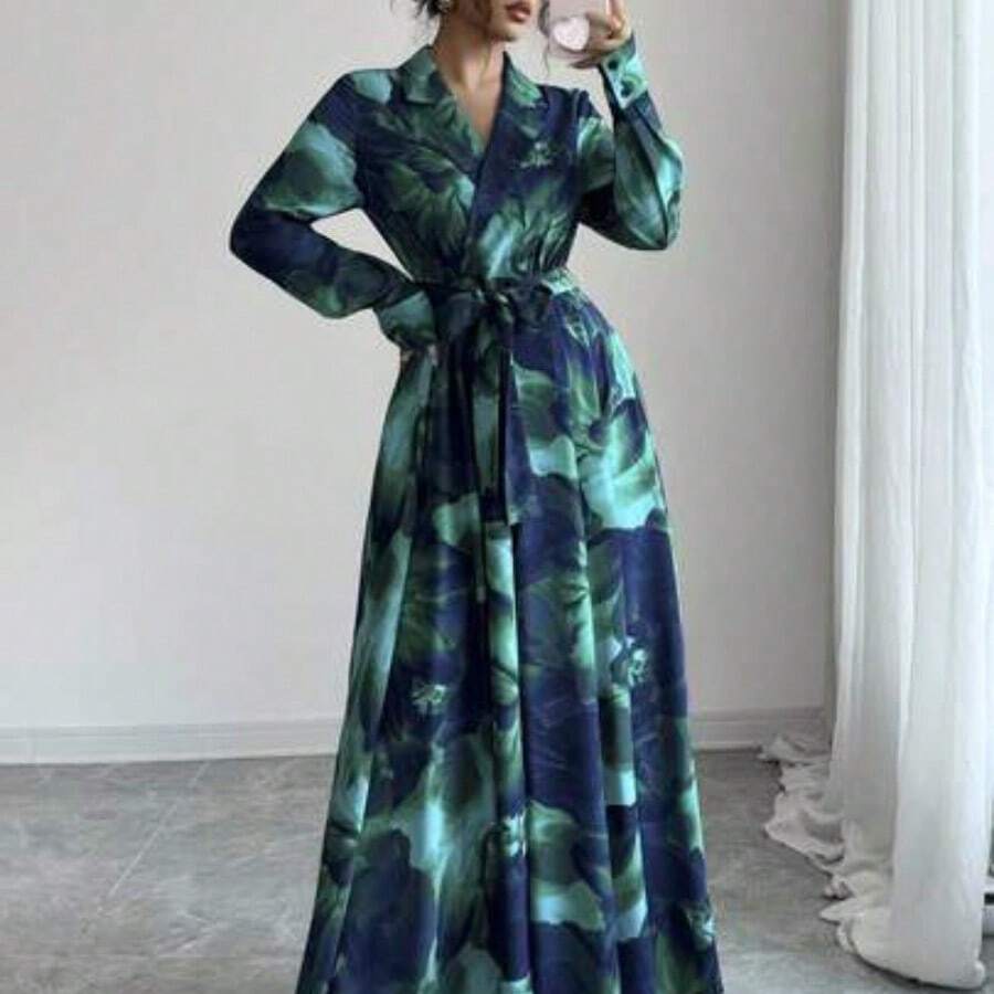 Women's Lapel NeckWaist Bowknot Floral Print Long Sleeve Dress Fall Cloth For Women - Multicolor - Ver 1