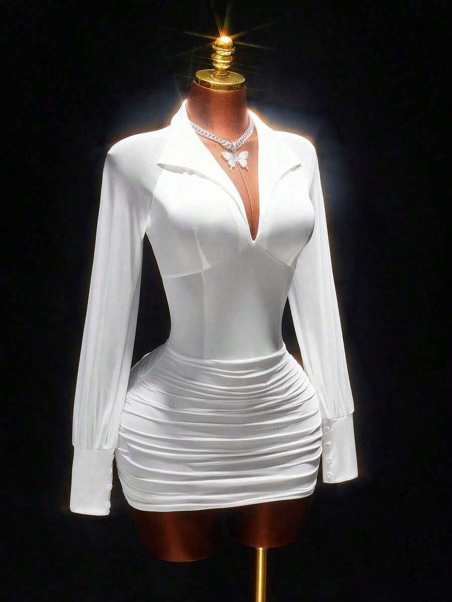Vestido mini ajustado con cuello en V blanco, cintura ceñida, para mujer, estilo romántico de primavera - Gris - Ver 1