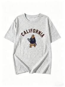 Women's Fashion Summer Round Neck Casual Versatile Letter & Cartoon Bear Print Short Sleeve T-Shirt - Light Gray - View 4