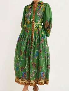Vestido largo primavera 2026, estampado con cordón abierto y falda amplia - Verde - Ver 6