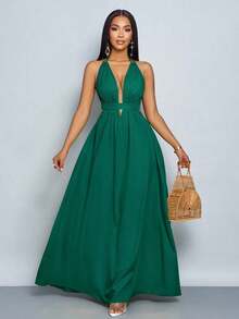 xheSOLERSUN Vestido largo de mujer de unicolor con escote halter en V, para vacaciones y playa, con espalda cruzada y anudada, para vacaciones y salidas a la playaxhe - Verde Oscuro - Ver 8