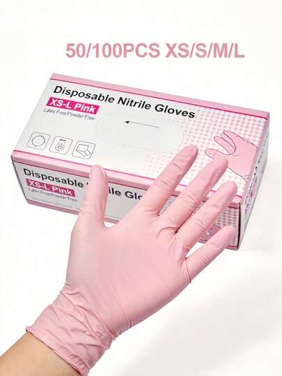 100pcs Pink Disposable Nitrile Gloves, Latex-Free, Waterproof, Suitable For Household Cleaning, Cooking, Manicure, Tattoo, Auto Repair, Size S/M/L