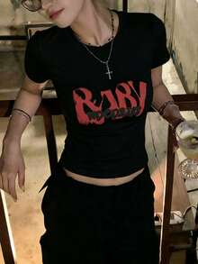 Camiseta de manga corta con cuello redondo para mujer, estilo American Hot Girl, nueva impresión de letras de verano, top corto ajustado a la moda, casual, blanco. 2LOZ - Negro - Ver 6