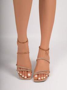 Rhinestone Thick Heel Mules, Featuring Backless Mule Sandal Style, Highlighting Rhinestone Decor And Square Toe Thick Heel Design, Popular For Summer Party And Date Occasions - Champagne - View 3