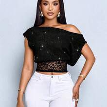 Women's Elegant Music Festival Sheer Lace Black Lace Panel Detail Asymmetrical Neck Loose T-Shirt,Stylish Casual Party Top - Negro - Ver 2