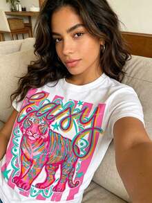 Camiseta con Estampado de Tigre Estilo Preppy, Camiseta Casual de Cuello Redondo, Ropa de Verano para Mujer, Ropa Y2k, Streetwear - Blanco - Ver 6