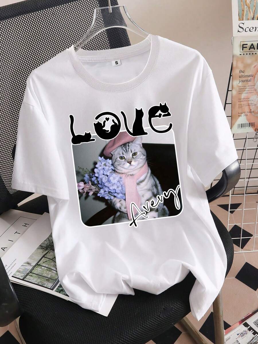 Camisetas personalizadas para parejas con nombres/texto personalizados, regalos ideales para parejas, con lindos diseños de gatos, aptas para cualquier temporada y hechas para la comodidad - Blanco - Ver 1
