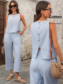 Conjunto de 2 piezas de top sin mangas con estampado de rayas y pantalones de pierna ancha para mujer, estilo casual de vacaciones - Azul - Ver 1