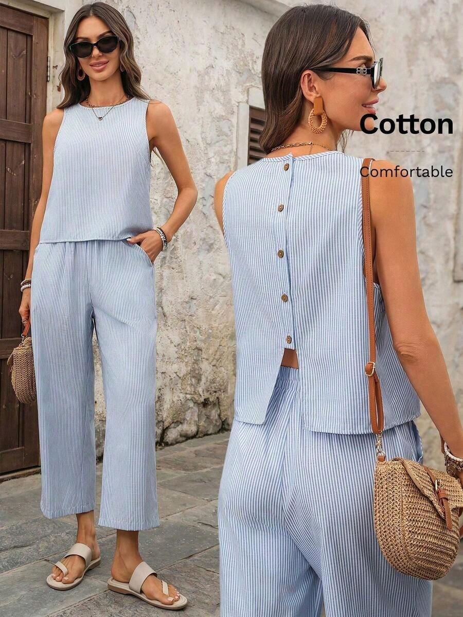 Conjunto de 2 piezas de top sin mangas con estampado de rayas y pantalones de pierna ancha para mujer, estilo casual de vacaciones - Azul - Ver 1