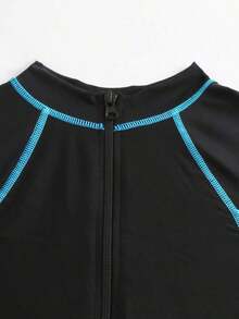 Bikinx Traje de baño de una pieza deportivo con cremallera frontal, manga larga, ajustado, con ribete de contraste de unicolor para vacaciones y playa en verano - Azul - Ver 10
