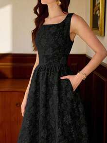Vestido elegante sin mangas de cuello cuadrado con bolsillo de unicolor vintage para mujer, atuendo de verano, vestido de invitada de boda, vestido de regreso a la escuela, vestido de cumpleaños elegante para mujer, atuendo de cumpleaños elegante para mujer, atuendo de vacaciones para mujer, vestido elegante para mujer en otoño, ropa de mujer para vacaciones, vestido de iglesia para mujer, atuendo de iglesia para mujer, atuendo de festival para mujer, estilo de dinero antiguo, atuendo de brunch para mujer - Negro - Ver 5